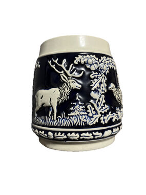 Vintage Marzi & Remy Elk & Turkey, German Beer Stein Dark Blue Relief .5L